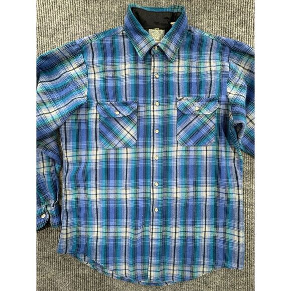 Vintage Outdoor Exchange Mens Large Tall Blue Plaid Flannel‎ Workwear Button Up - Picture 1 of 9